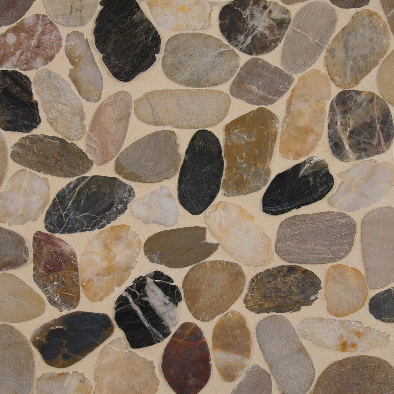 Mix river rock 12X12.2 tumbled quartz mesh mounted mosaic tile SMOT-PEB-MIXRVR closeup tile view