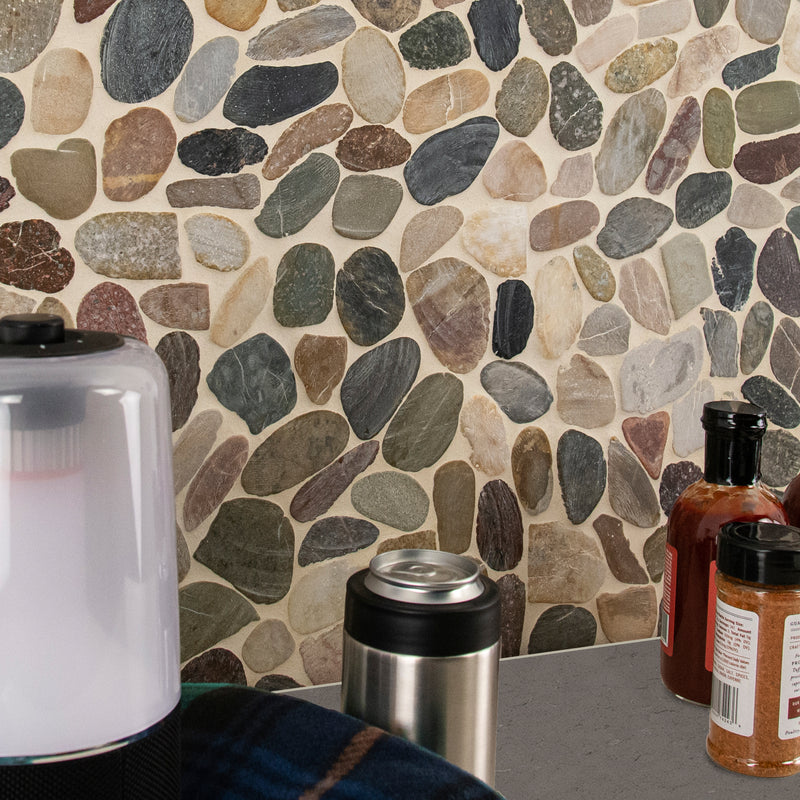 Mix river rock 12X12.2 tumbled quartz mesh mounted mosaic tile SMOT-PEB-MIXRVR kitchen utensils view 2