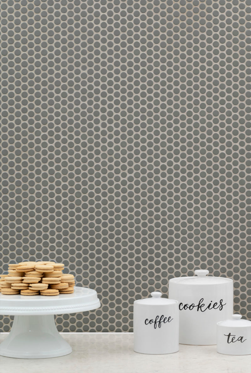 Gray Glossy 12"x12" Penny Round Mosaic Floor and Wall Tile - MSI Collection kitchen view