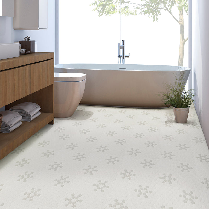 White and Gray Mod Petal Pattern 11.73"x11.85" Matte Porcelain Floor and Wall Tile - MSI Collection bath view 4