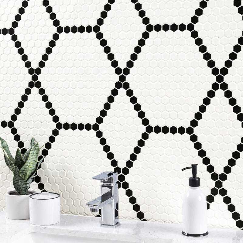 White and Black Hive Pattern 11.73"x11.85" Matte Porcelain Floor and Wall Tile - MSI Collection bathroom sink view