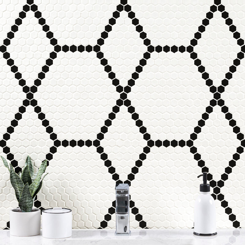 White and Black Hive Pattern 11.73"x11.85" Matte Porcelain Floor and Wall Tile - MSI Collection bathroom sink view 2