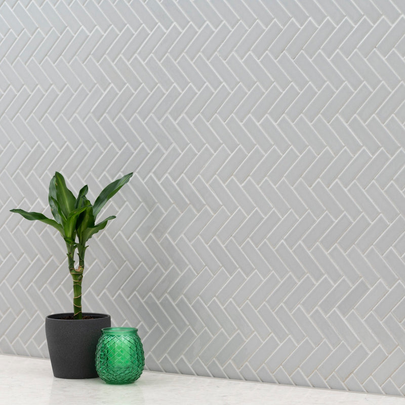 Retro Herringbone Gray 12.75" x 12.88" Porcelain Mesh-Mounted Mosaic Tile Misc-MSI Collection product shot kitchen plant view
