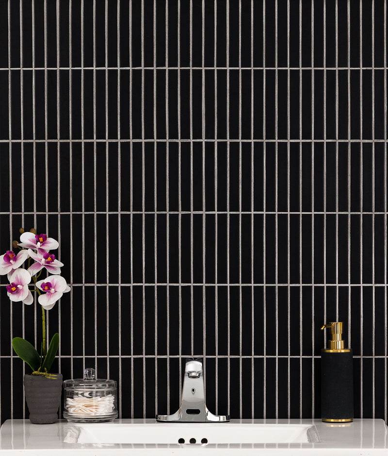 Black Matte 12"x12" Stacked Pattern Matte Porcelain Floor and Wall Tile - MSI Collection bathroom basin view 2