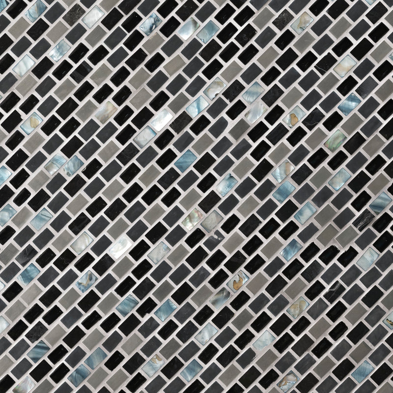 Midnight pearl 12X12 glass metal and stone mesh mounted mosaic wall tile SMOT-SGLSMT-MNPRL8MM product shot angle view