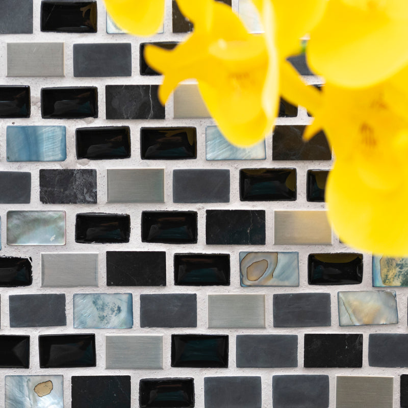 Ocean crest brick 12X12 glass metal stone mesh mounted mosaic wall tile SMOT-SGLSMT-OC8MM product shot multiple tiles close up view