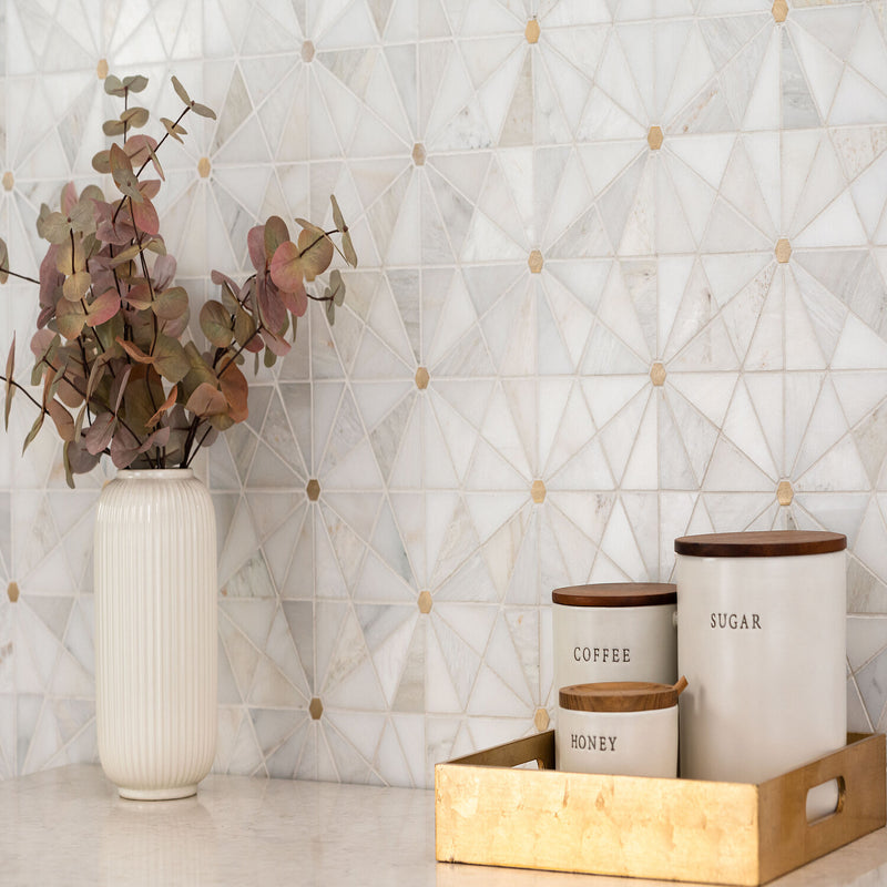 Elegante 10"x12" Pinwheel Gold Polished Stone Mosaic Floor And Wall Tile - MSI Collection bathroom view