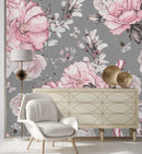 Contemporary Grey Wallpaper with Pink Flowers