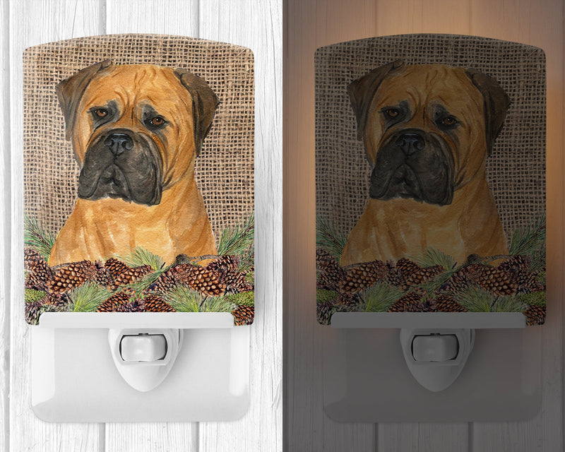 Bullmastiff on Faux Burlap with Pine Cones Ceramic Night Light SS4065CNL