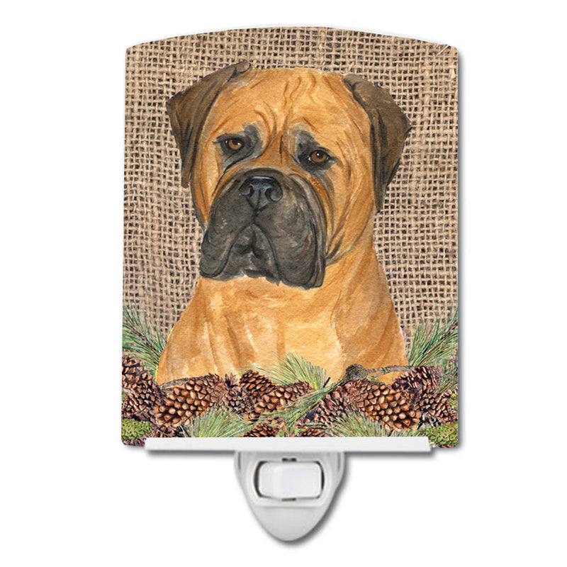 Bullmastiff on Faux Burlap with Pine Cones Ceramic Night Light SS4065CNL