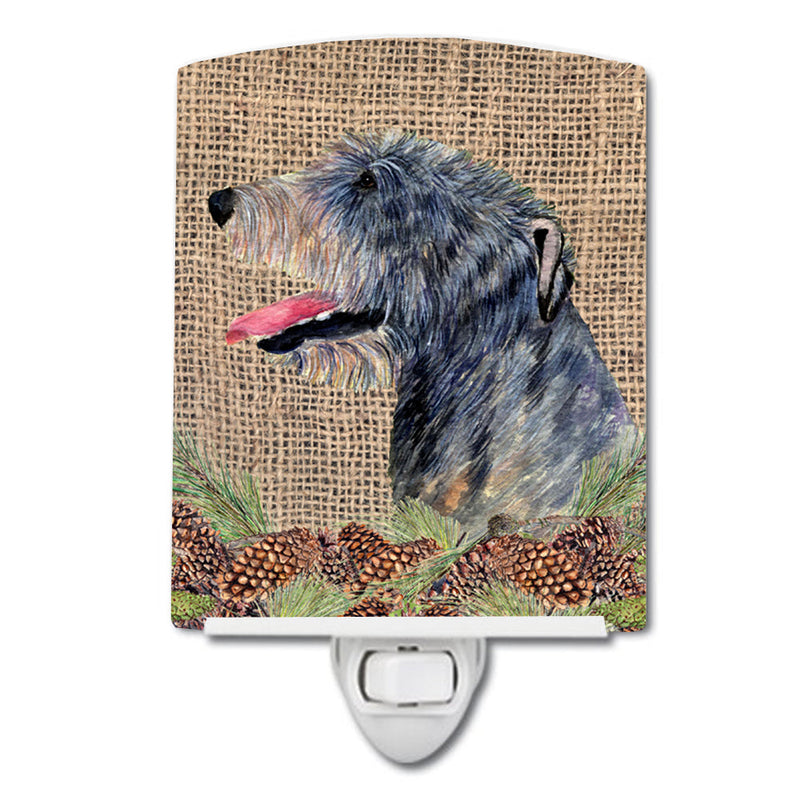 Irish Wolfhound on Faux Burlap with Pine Cones Ceramic Night Light SS4095CNL