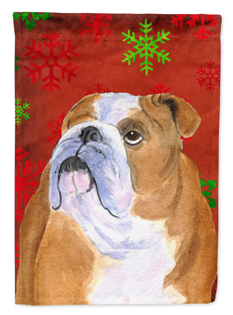 Bulldog English Red and Green Snowflakes Holiday Christmas Flag Garden Size