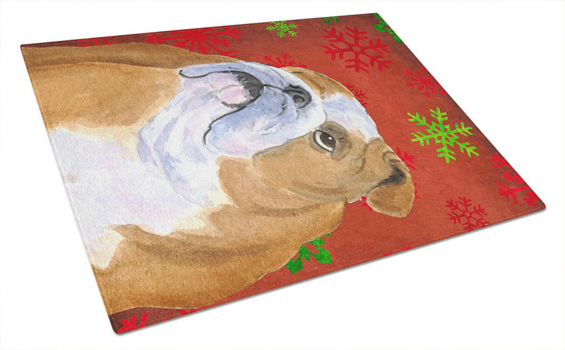 Bulldog English Red and Green Snowflakes Christmas Glass Cutting Board Large