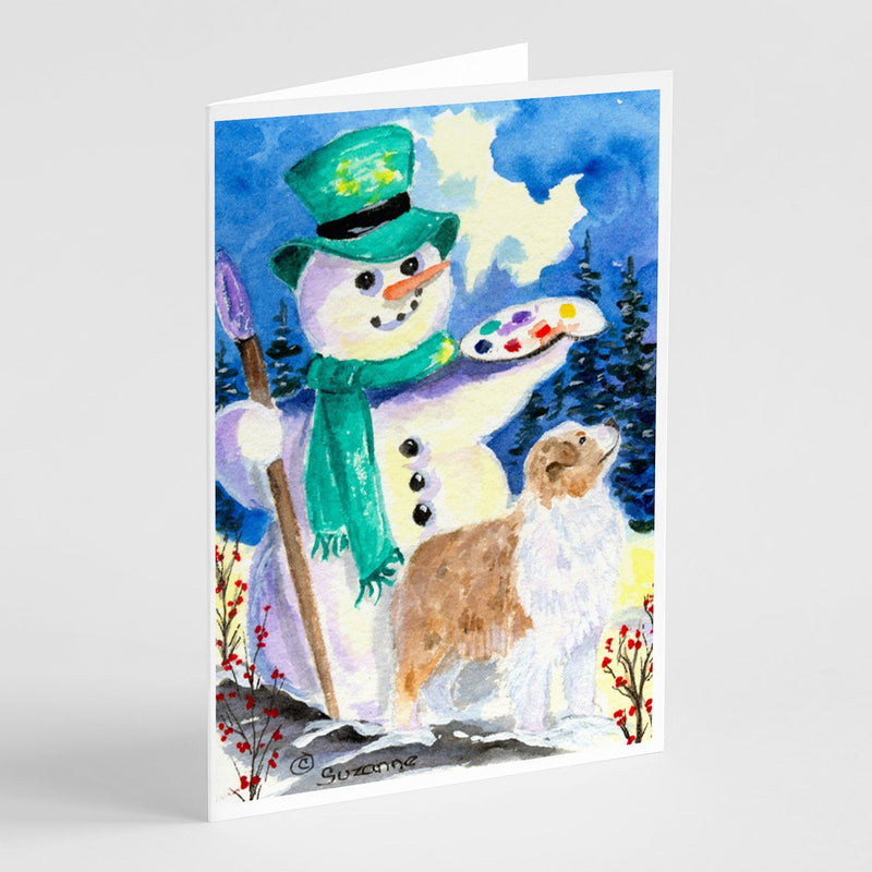 Snowman with Australian Shepherd Greeting Cards and Envelopes Pack of 8