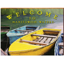 Welcome to Manitowish Waters Colorful Boats | Wall Art Print on Real Wood
