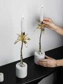 DecorBites™ Golden Metal Candlestick with Volakos White Marble Base for Luxury Home Decor