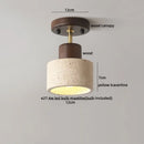 DecorBites™ Japan Style LED Ceiling Light Yellow Travertine Stone Wood Base Bedroom Luminaire