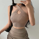 Women Crop Top – Halter Knitted Off Shoulder Strappy Tank Top