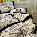 DecorBites™ Korean Black White Hepburn Style Bedding Set with Lace Fitted Sheet Set