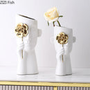 DecorBites™ Gold Rose Relief Ceramic Vase, Elegant Desk Floral Vase for Room Decor