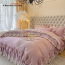 DecorBites™ Korean Princess Lace Ruffles Bedding Set in Bean Paste Pink