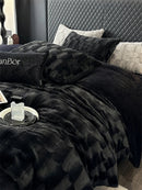 DecorBites™ Cozy Faux Rabbit Fur Bedding Set in Black & Grey: Duvet, Sheets, Pillowcases