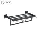 Modern matte black bathroom set with towel rack and gold rod accessories