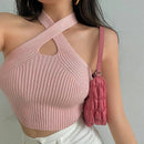 Women Crop Top – Halter Knitted Off Shoulder Strappy Tank Top