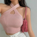 Women Crop Top – Halter Knitted Off Shoulder Strappy Tank Top