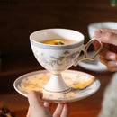 DecorBites™ Gold Flower Ceramic Cup & Saucer Set - Elegant Goblet Mugs for Coffee, Tea, Juice