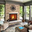 Scabos Ledger 3D Panel 6"x24" Natural Travertine Wall Tile - Full Truckload installed around fireplace in a bright room metal wall clock real wood side tables