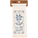 Scandi Style Folk Art "Stay Positive - Be Happy" Hand Illustrated Kitchen Towel | Hangable, Absorbent 100% Cotton Tea Towel or Dish Cloth