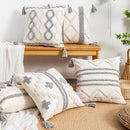 DecorBites™ Geometric Tufted Tassel Cushion Cover White Grey Bohemian Decor Pillow Cover