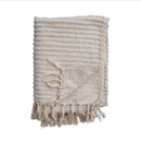 Cotton & Acrylic Throw w/ Fringe, Stripes & Gold Thread, Beige & White