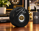 Johnny Beecher Autographed Boston Bruins 100th Anniversary Hockey Logo Puck