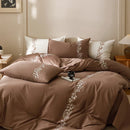 DecorBites™ Elegant Lily of the Valley Embroidery Brown Cotton Bedding Set