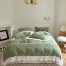 DecorBites™ French Carved Velvet Lace Ruffles Bedding Set, Coral Velvet Duvet Cover, Luxury Bed Sheet