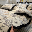 DecorBites™ Korean Black White Hepburn Style Bedding Set with Lace Fitted Sheet Set