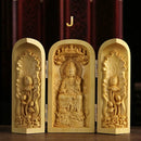 1Pc Exquisite Boxwood Carving Guanyin Buddha Statue Western Sansheng Wood Carving Crafts Home Decoration