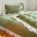 DecorBites™ French Carved Velvet Lace Ruffles Bedding Set, Coral Velvet Duvet Cover, Luxury Bed Sheet