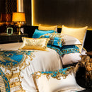 DecorBites™ Embroidered Gold Blue Brocade Cotton Bedding Set with Duvet Cover, Sheets, Pillowcases