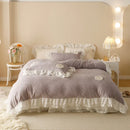 DecorBites™ Luxe Carved Velvet Lace Ruffles Bedding Set with Quilted Bed Skirt