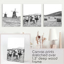 Farmhouse Black White Wall Art. Windmill, 3 Cows, Hay Bales