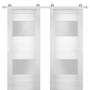 Sete 6222 White Silk Double Barn Door with 2 Lites Frosted Glass | Silver Finish Rail