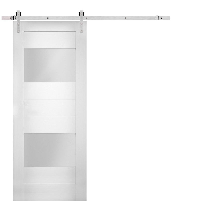 Sete 6222 White Silk Barn Door with 2 Lites Frosted Glass and Silver Finish Rail