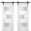 Sete 6933 White Silk Double Barn Door with Frosted Glass | Black Rail