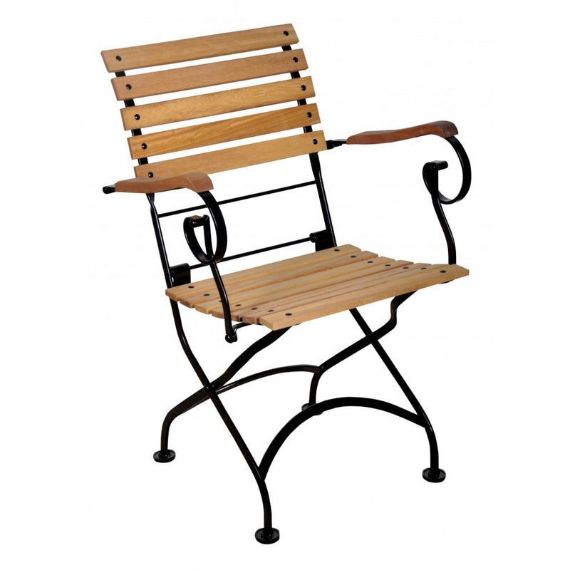 Wooden chair with black metal frame on a white background