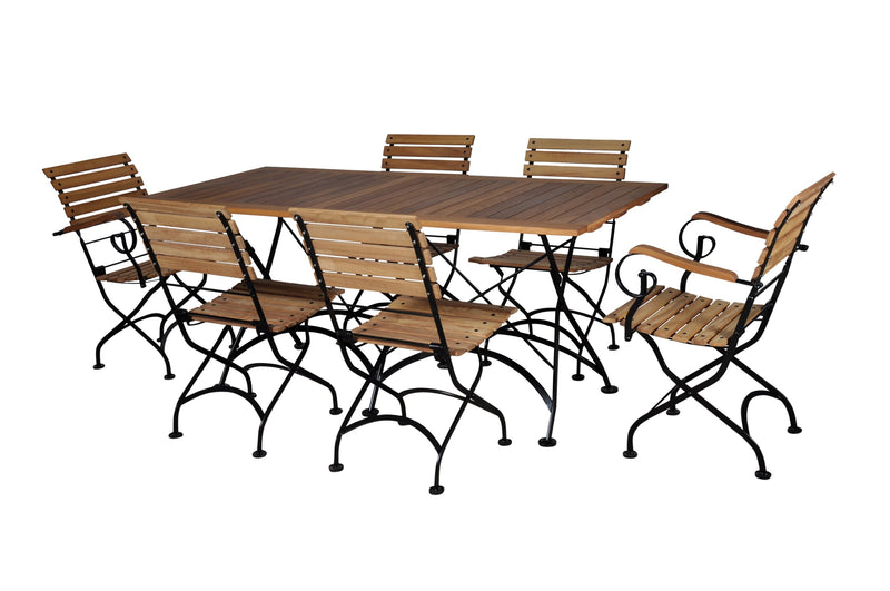 Wooden outdoor table with six matching chairs on a white background