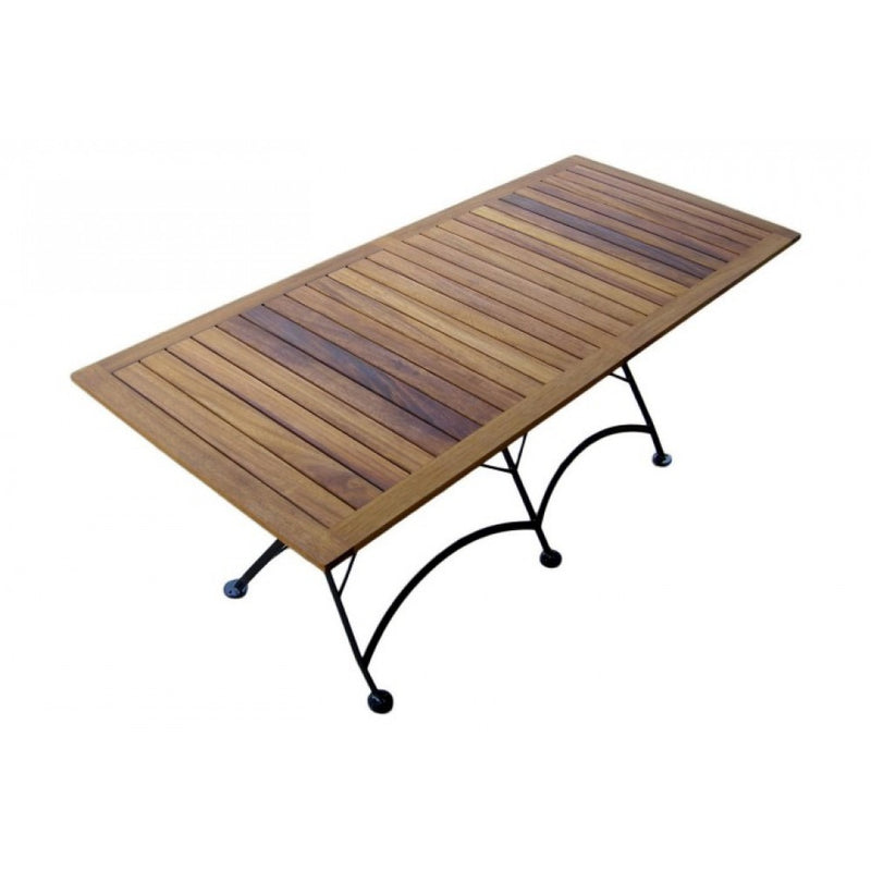 Wooden table with metal legs on a white background