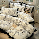 DecorBites™ Korean Black White Hepburn Style Bedding Set with Lace Fitted Sheet Set